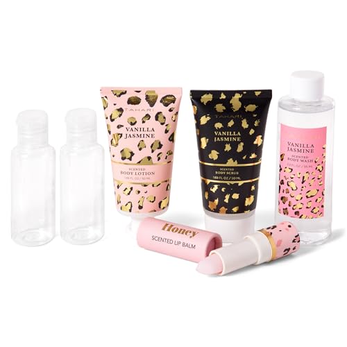 Tahari Vanilla Jasmine Spa Gift Set for Women ? Luxurious Bath Kit with Body Lotion, Body Scrub, Body Wash & Lip Balm with Bag ? Perfect Selfcare Gifts for Women (Leopard)