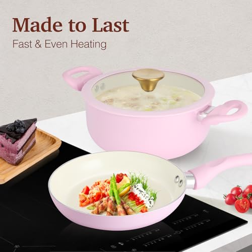Pink Ceramic Non-Stick Pots and Pans Set - 11 Pieces, Compact Cookware