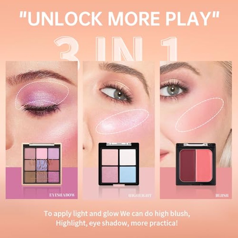 All-in-One Makeup Palette ? 9 Color Matte & Pearlescent Eyeshadow, 4 Color Shimmer Highlighter, 2 Color Buildable Blush ? Long Lasting, Blendable Face & Eye Makeup Kit (01#, 1 Count (Pack of 1))