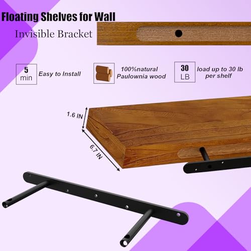 IAE 24 Inch Teak Floating Wall Shelves with LED Lighting, 2-Tier Bathroom & Kitchen Storage