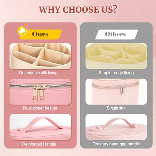 Makeup Case for Women,Travel Make Up Bag Organizer With Compartments and Handle,Portable Cosmetic Bags for Girl,Toiletry Bag for Women - Pink