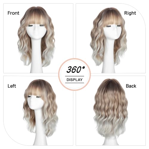 iAelev 16 Inch Ombre Blonde R60 Wavy Synthetic Wig with Bangs for Women