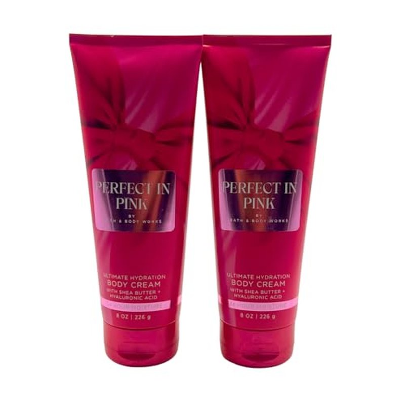 Bath & Body Works PERFECT IN PINK Ultimate Hydration Body Cream Gift Set with a Blue Bow for Holidays 8 oz each ? Pack of 2