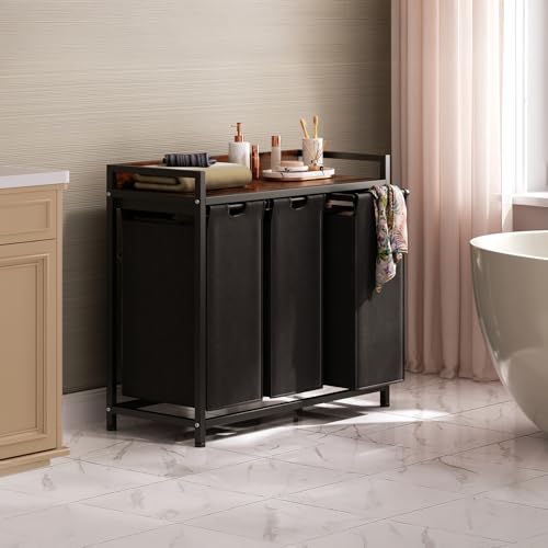 Laundry Hamper with 3 Detachable Bags & Shelf - Rustic Brown & Black - 3 x 15.87 Gallons