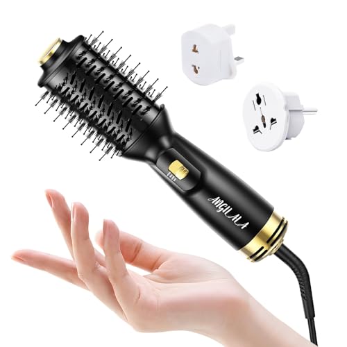 Mini Dual Voltage Hair Dryer Brush with European Plug Adapter - Black, Travel Size