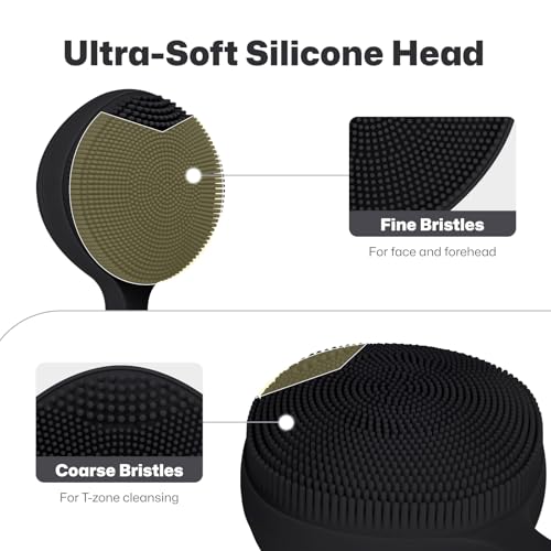 PRITECH Facial Cleansing Brush, Rechargeable Silicone Face Scrubber with Constant-Temperature Heating, Vibrating Exfoliator Scrubber for Deep Pore Cleaning, Waterproof Face Brush for Women & Men-Black