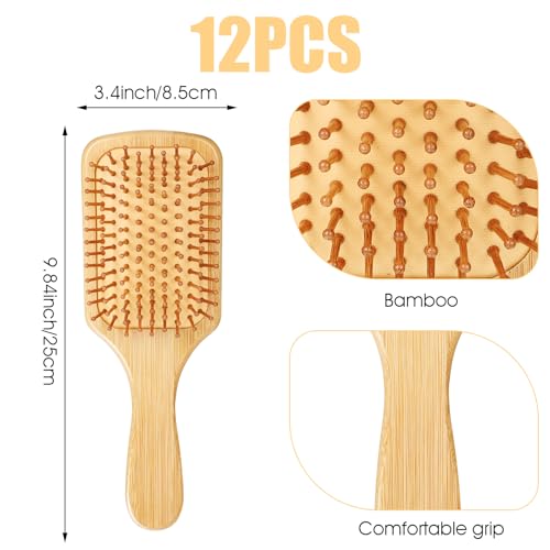 Rectangular 12-Piece Bamboo Hair Brush Set - Wooden Paddle Detanglers for Hair Growth