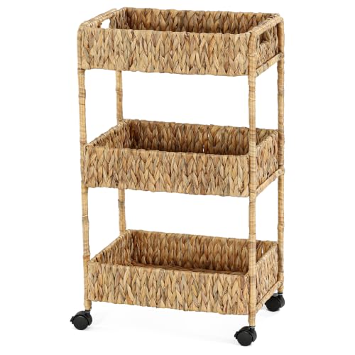 Water Hyacinth 3-Tier Rolling Cart with Wheels - Natural Brown & Black, Nursery & Home Storage
