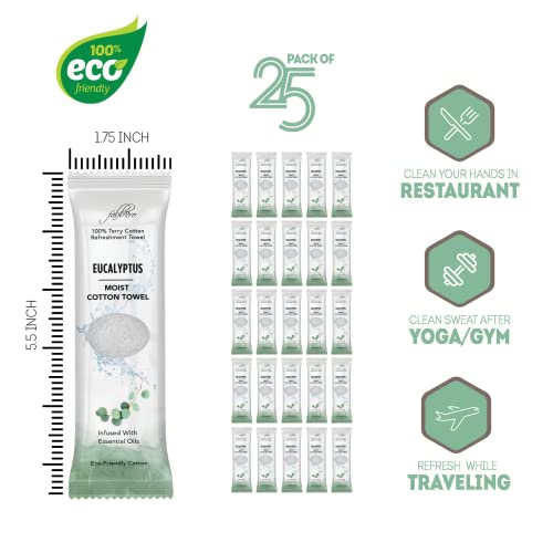 Eucalyptus Scented Pre-Moistened Cotton Towels - Pack of 25, 8x8 Inches, Hot or Cold Use