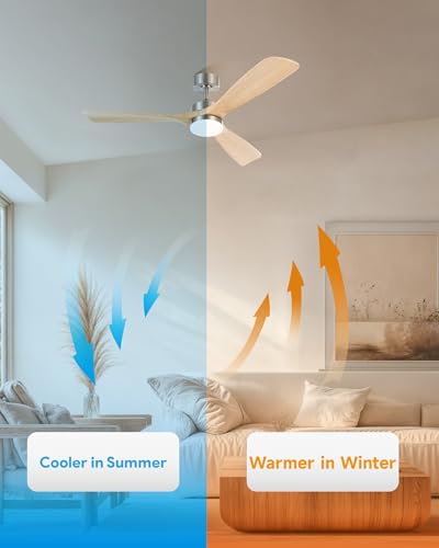 VONLUCE 52-Inch Natural Wood & Nickel Ceiling Fan with Lights, Remote