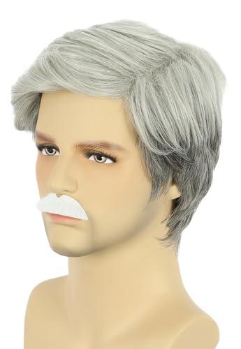 Grandpa Old Man Short Grey White Wig with Mustache - White Variation
