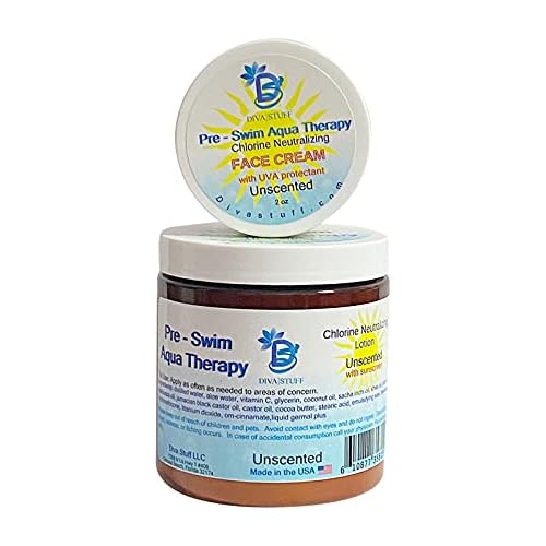 Diva Stuff 2 Pack (set Lotion & Face Cream) Pre-Swim Aqua Therapy Chlorine Neutralizing Body Lotion For Face and Body, Protects Skin From Chlorine & Salt Water, Made in the USA, Unscented Sunscreen