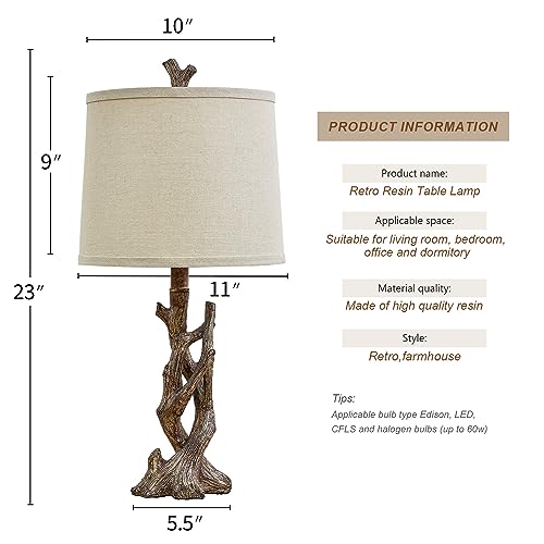 Rustic Farmhouse Table Lamp Set - Twig Dark Brown with Oatmeal Shade for Bedroom & Living Room