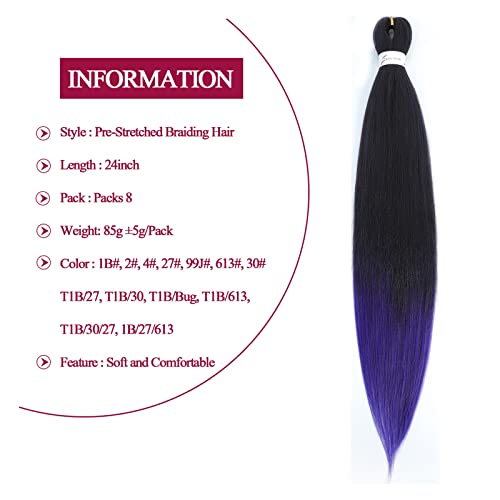Pre Stretched Braiding Hair 26 Inch - 8 Packs Soft Synthetic Yaki Extensions for Braids & Hot Water Setting - Purple/1B