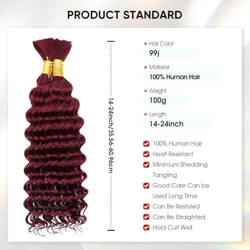 99J Burgundy Human Braiding Hair 16 Inch 100g Deep Wave Bundles for Knotless & Boho Braids