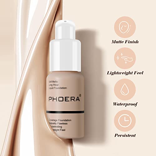 BestLand 2Pack PHOERA Foundation Full Coverage Liquid Foundation Cream - Long-lasting Lightweight Concealer - Oil-Free Formula - Natural Shade - Suitable for All Skin Types (102 Nude & 104 Buff Beige)