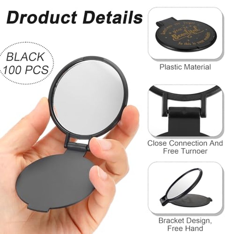 100pcs Black Compact Mirror Bulk Gifts for Women, Mini Inspirational Purse Handheld Makeup Pocket Mirror, Round Portable Makeup Folding Mirrors Gift for Christmas Valentine Daily Travel Coworker