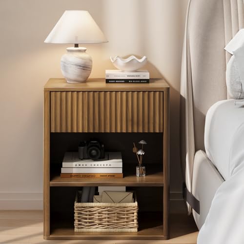 Nightstand Bedside Table with Drawer & Open Shelf - Walnut Brown, Large Mid Century Modern Night Stand with Fluted Wood Storage, Set of 1