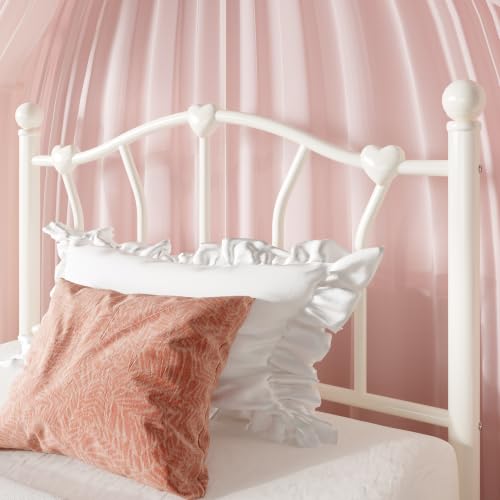 Twin Metal Bed Frame with Heart-Shaped Design - Cream White, Includes Storage and Noise Reduction - SHA CERLIN