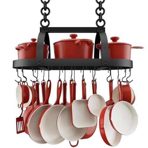 Black 34-Inch Ceiling Pot Rack with 20 Hooks for Kitchen Organizer