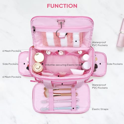 YOOLIFE Travel Toiletry Bag for Women, Initial Hanging Toiletry Bag for Teen Girls, Birthday Gifts for 10 11 12 13 14 15 16 17 Year Old Girls, Pink (A)