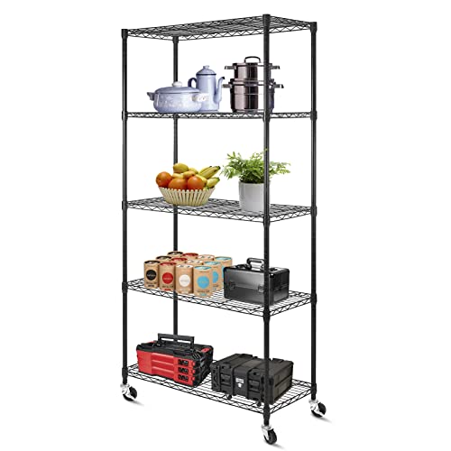 WDT 5-Tier Adjustable Wire Shelving Unit with Wheels - 36"D x 16"W x 75"H Storage Rack