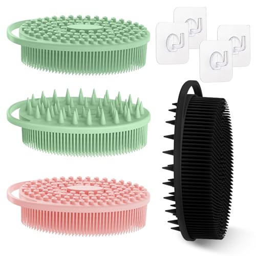 Soft Silicone Body Scrubber 4PCS, 2-in-1 Bath & Shampoo Brush with Dual-Side Usage, Hygienic Silicone Loofah Shower Scrubber for Gentle Exfoliating & Good Lathering(Black/Pink/Green*2)