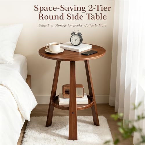 Brown 2-Tier Bamboo Round Side Table - Mid-Century Modern End Table