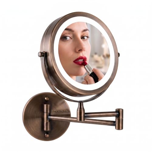 Wall Mounted Lighted Makeup Mirror - 7 Inch, 8.5 x 6.8 Inches, 7X Magnification, Antique Bronze