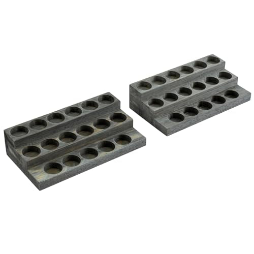MyGift Set of 2 Vintage Gray Wood 3-Tier Essential Oil Display Stands, Countertop Organizer Rack for 17 Bottles Each
