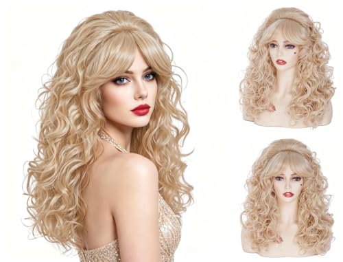 22 Inch Retro Beehive Blonde Wigs for Women Long Wavy Cosplay Halloween Daily Use - Variation: Blonde