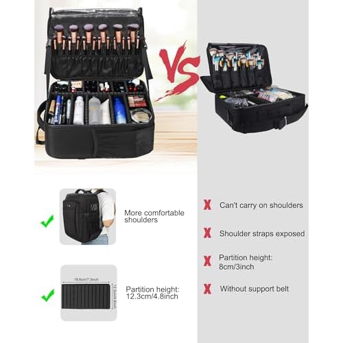 Relavel Makeup Backpack, Professional Travel Train Case Makeup Artist Kit Set Bag for Women Extra Large Cosmetic Organizer, Brush Storage Holder, with Adjustable High Dividers, Black