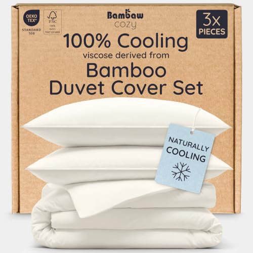 Queen Duvet Cover Set - 3pcs Eco-Friendly Bamboo Cotton Cooling & Soft Ivory