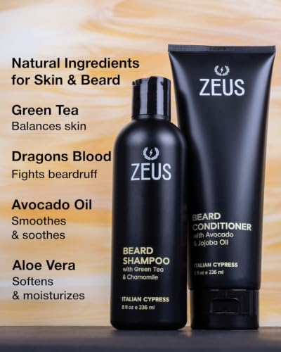 ZEUS Beard Wash Set for Men with Sandalwood Scent – Shampoo & Conditioner for Healthy, Fuller Beard