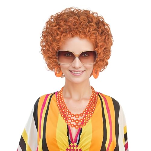 Women's Short Curly Red Brown 70s Wig with Orange Jewelry & Sunglasses - Variation of THIS listing