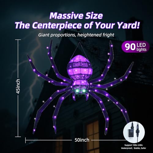 HOYECHI 4.2ft Purple Hanging Spider Halloween Decor with 90 LED Lights
