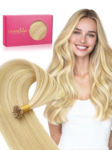 Mini Flat Tip Hair Extensions 50g 16 Inch Light Blonde Highlighted Golden Blonde Remy Hair - Seamless Keratin Bonds - Variation of THIS listing