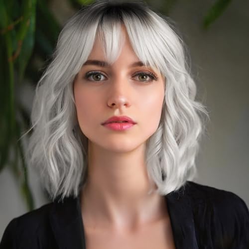 MINLEE Silver Gray Wigs for Women Short Bob with Bangs 14 Inch Curly Synthetic Hair Variation: Silver Gray