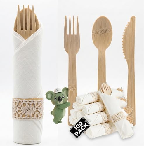 Pre-Wrapped Bamboo Cutlery Set – 100 Pack Disposable Utensils with Napkins – Forks, Knives, Spoons – Eco-Friendly Party & Wedding Supplies