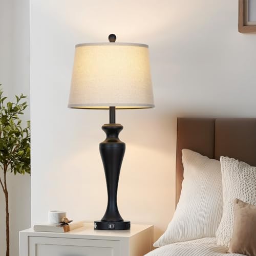 Black 30-Inch Modern Table Lamps Set of 2 with Touch Control & USB Ports