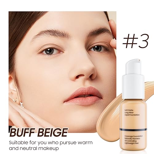 Matte Full Coverage Liquid Foundation - Lightweight & Flawless Oil Control Foundation Makeup, Waterproof and Long-Lasting Skin Foundation Concealer for Dry and Oily Skin, 1 Fl Oz (#104 Buff Beige)