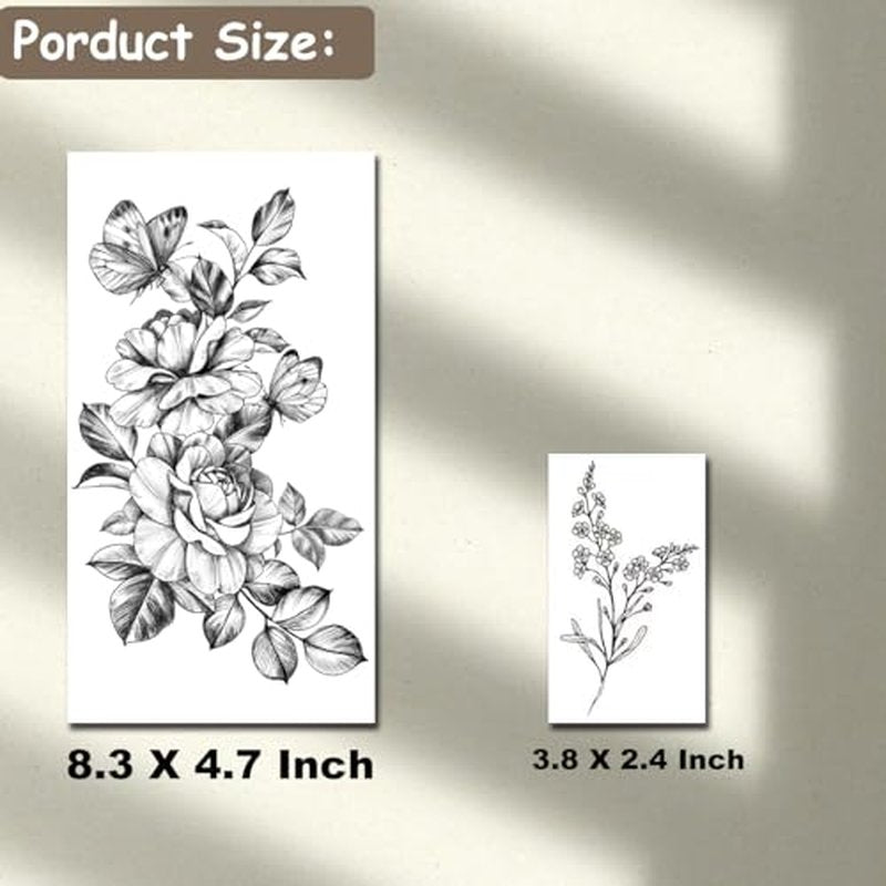 23 Sheets Flower Temporary Tattoos For Women - Waterproof Realistic Rose Orchid Tattoos Tiny Branch Sketch Fake Tattoos for Women Body Art Arm Neck Hands