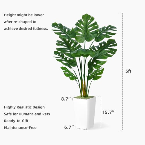 ASTIDY White 5ft Artificial Monstera Deliciosa Plant in Tall White Planter – Real-Look Faux Indoor Tree