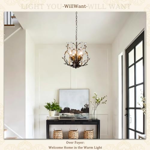 Vintage 5 Light Crystal Chandelier D11.1 - Aged Bronze Tree Branch Design, Adjustable Length, WillWant
