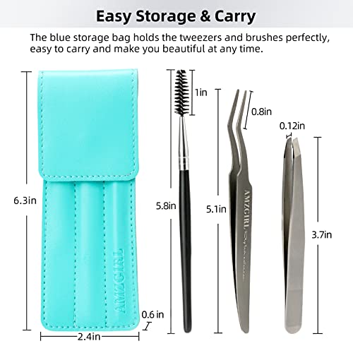 Lash Tweezers For Eyelash Extensions Clusters Lashes Applicator Tool Kit Amzgirl 3pcs Eyelashes Tweezer With Brush Set Stainless Steel Applicators For Diy Lashes Application And Removal (Silver)