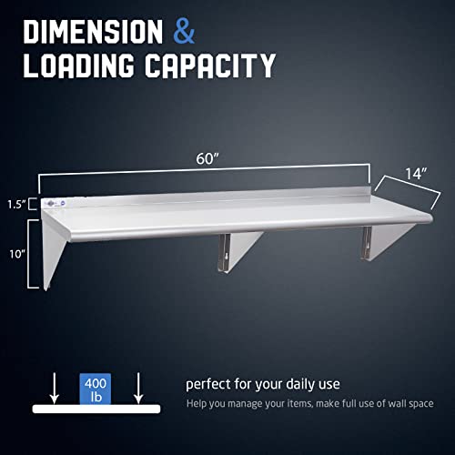 NSF Stainless Steel Wall Shelf 14 x 60 in - Profeeshaw, Commercial Wall Mounted Shelf