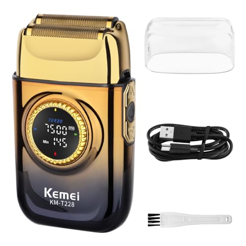 KEMEI KM-T228 Foil Shaver, Electric Razor for Men with Round Large LED Display (Motor Speed & Remaining Time), 3-Speed (6500/7000/7500 RPM), USB-C Charging, Dual Foil & Blade Heads, Travel Razor Men