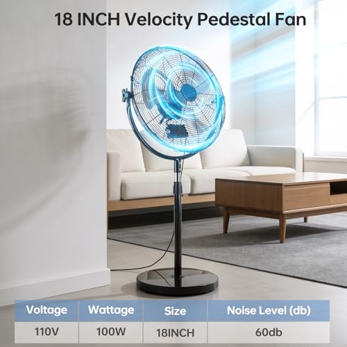 18-Inch Heavy Duty Metal Pedestal Fan with Adjustable Height & Quiet Operation