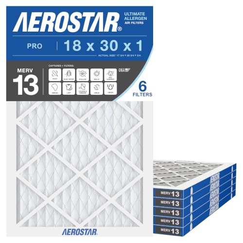Pro MERV 13 Pleated Air Filter 18x30x1 - 6 Pack, Actual Size 17 3/4 x 29 3/4 x 3/4, High-Efficiency HVAC Filter