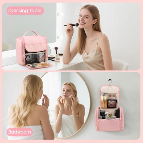 Women Makeup Bag with Hanging Hook, Large Portable Capacity Travel Hanging Toiletry Bag Organizer Case for Toiletries and Cosmetics, Pink